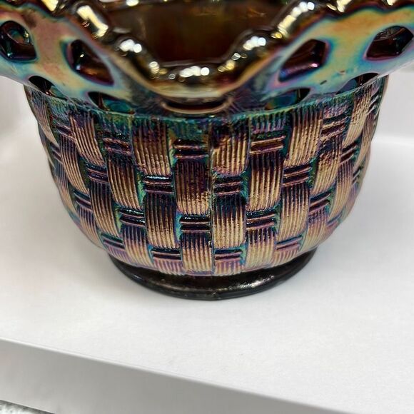 Vintage Fenton Amethyst Carnival Glass Bowl Basket Weave Candy Dish - Picture 11 of 12